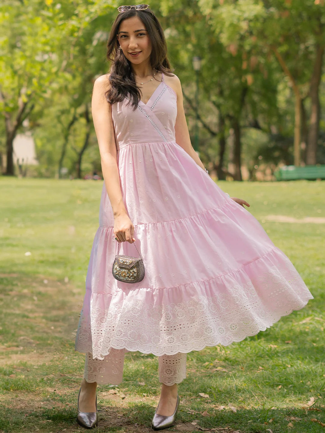 Pink Self Design Cotton Anarkali Kurta with Trousers