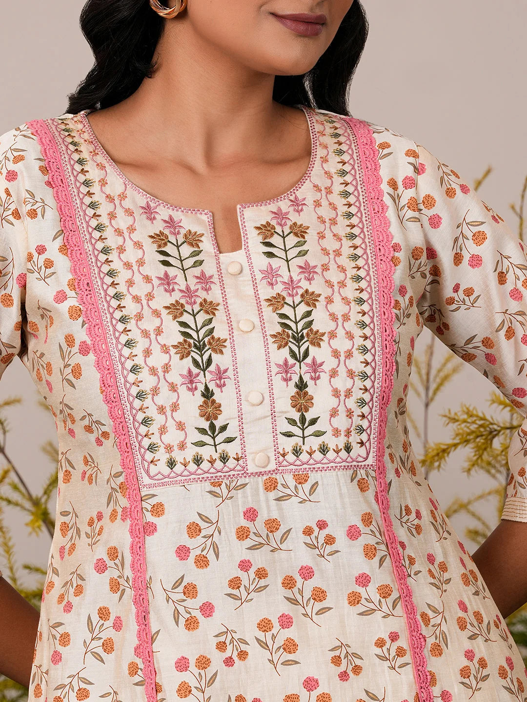 Gerua Beige Printed Chanderi Silk A-Line Kurta with Palazzos