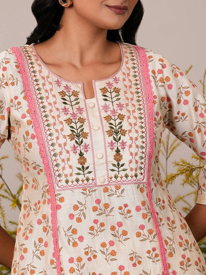Gerua Beige Printed Chanderi Silk A-Line Kurta with Palazzos