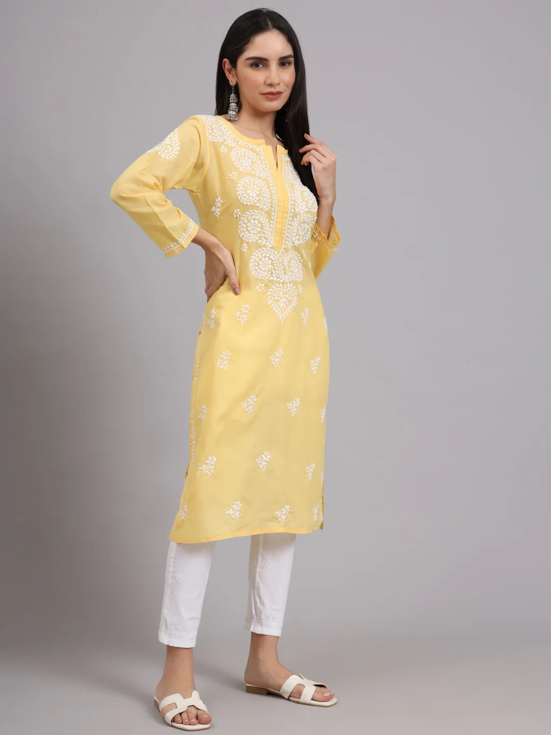 Women Hand Embroidered Lucknowi Chikankari Cotton Ethnic Motifs Kurta PC3997 Yellow
