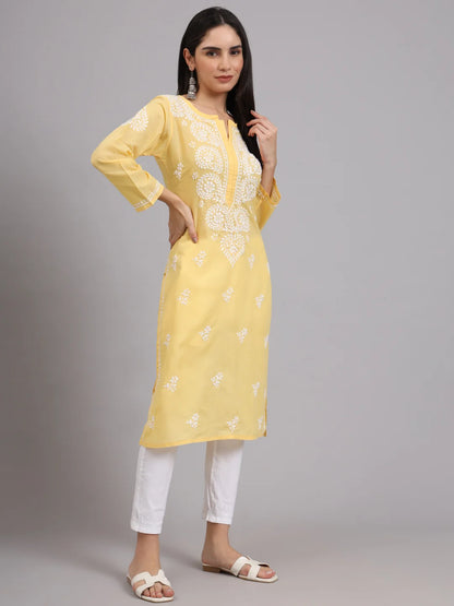 Women Hand Embroidered Lucknowi Chikankari Cotton Ethnic Motifs Kurta PC3997 Yellow