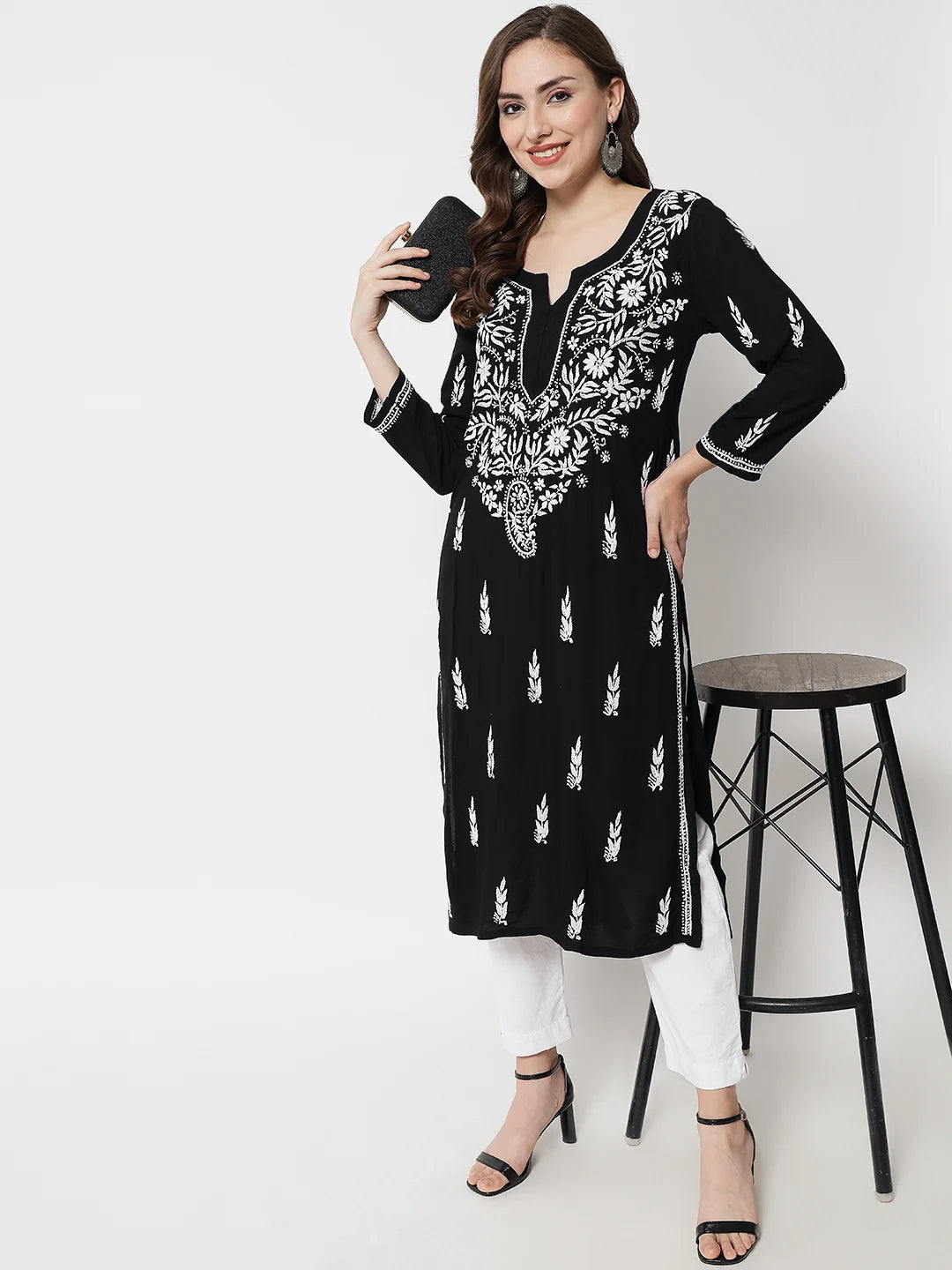 Hand Embroidered White Chikankari Rayon Straight Kurta-Pc3451 Black