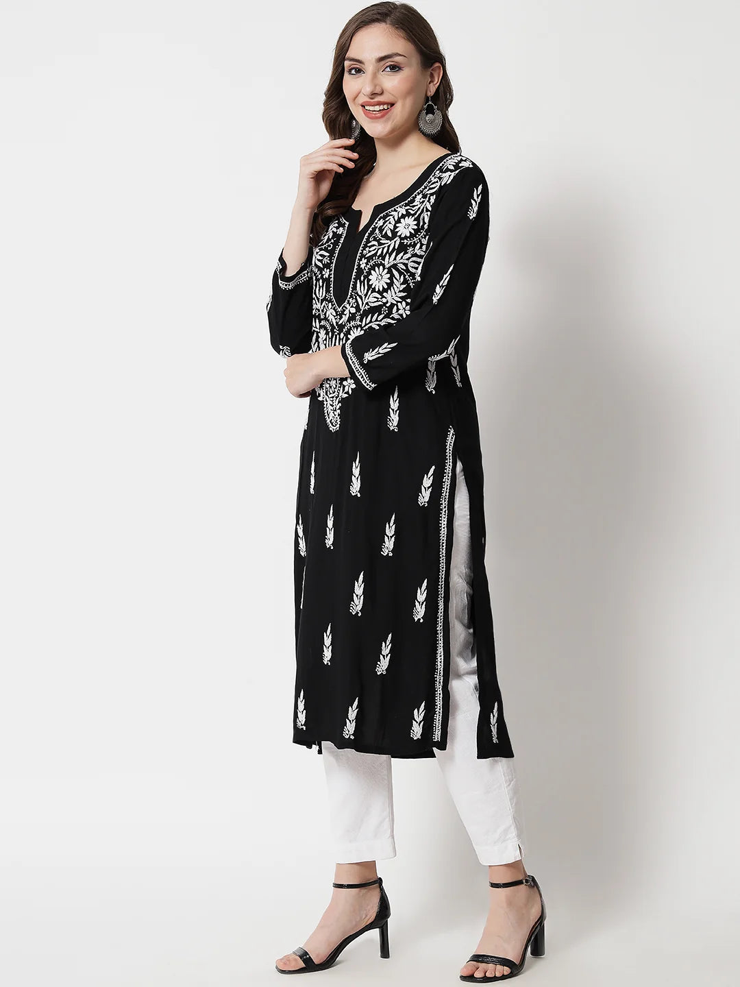 Hand Embroidered White Chikankari Rayon Straight Kurta-Pc3451 Black