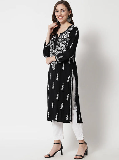 Hand Embroidered White Chikankari Rayon Straight Kurta-Pc3451 Black