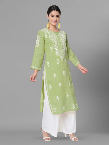 Hand Embroidered Chikankari Cotton Straight Kurta-Pc3561 Olive