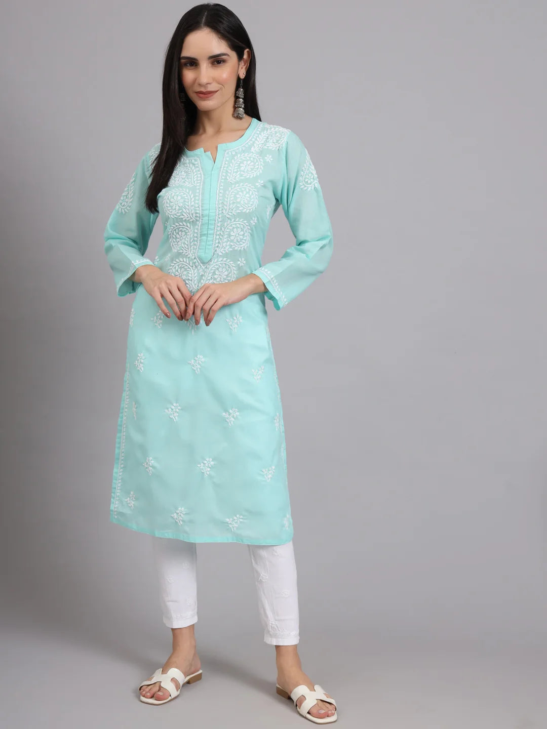 Women Hand Embroidered Lucknowi Chikankari Cotton Ethnic Motifs Kurta PC3997 Seagreen