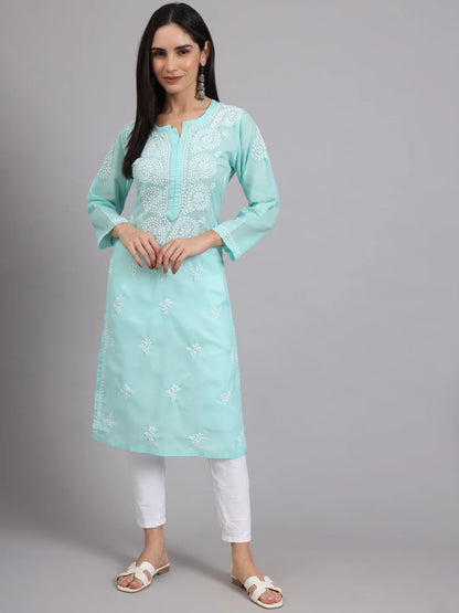 Women Hand Embroidered Lucknowi Chikankari Cotton Ethnic Motifs Kurta PC3997 Seagreen