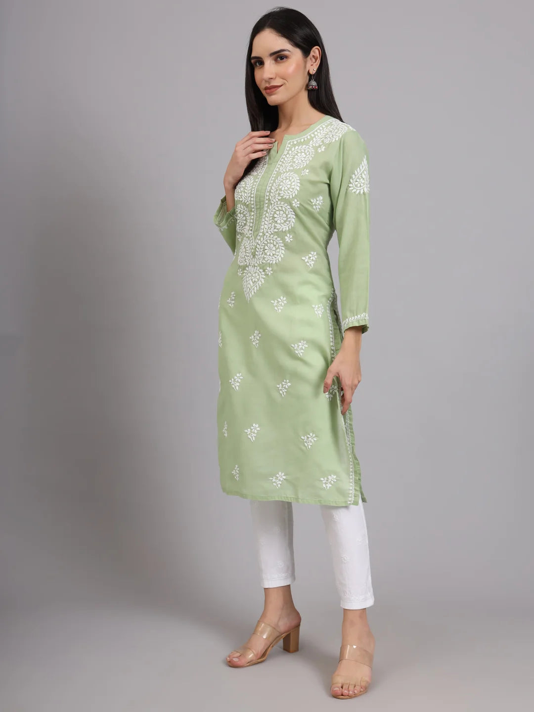 Women Hand Embroidered Lucknowi Chikankari Cotton Ethnic Motifs Kurta PC3997 Green