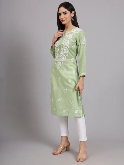 Women Hand Embroidered Lucknowi Chikankari Cotton Ethnic Motifs Kurta PC3997 Green