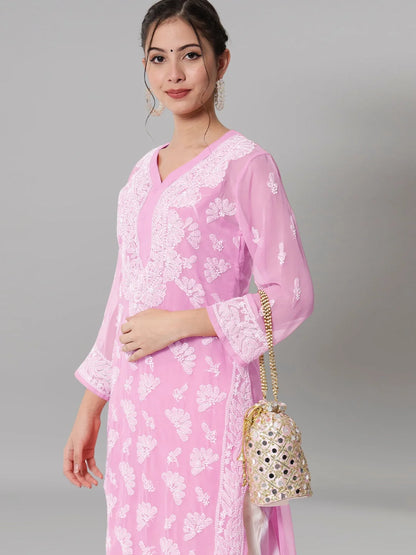 Women Hand Embroidered Chikankari Georgette Straight Kurta with Matching Slip- PC3545 Pink