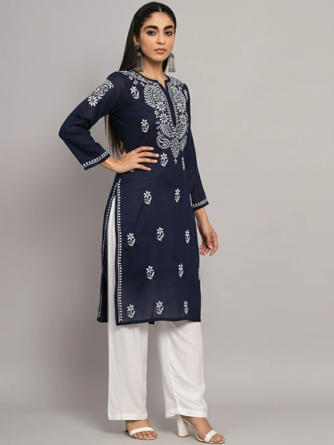 Hand Embroidered Chikankari Cotton Straight Kurta-Pc3561 Navy