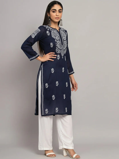 Hand Embroidered Chikankari Cotton Straight Kurta-Pc3561 Navy