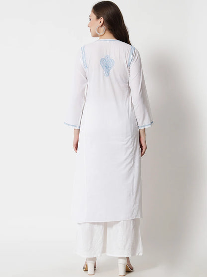 Hand Embroidered White Chikankari Cotton Straight Kurta-Pc3469 Skyblue