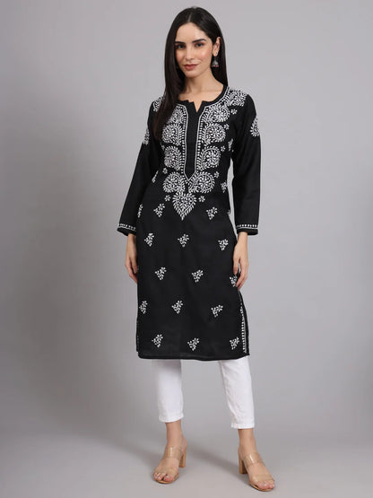 Women Hand Embroidered Lucknowi Chikankari Cotton Ethnic Motifs Kurta PC3997 Black