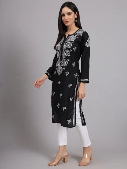 Women Hand Embroidered Lucknowi Chikankari Cotton Ethnic Motifs Kurta PC3997 Black