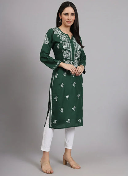 Women Hand Embroidered Lucknowi Chikankari Cotton Ethnic Motifs Kurta PC3997 Bottlegreen