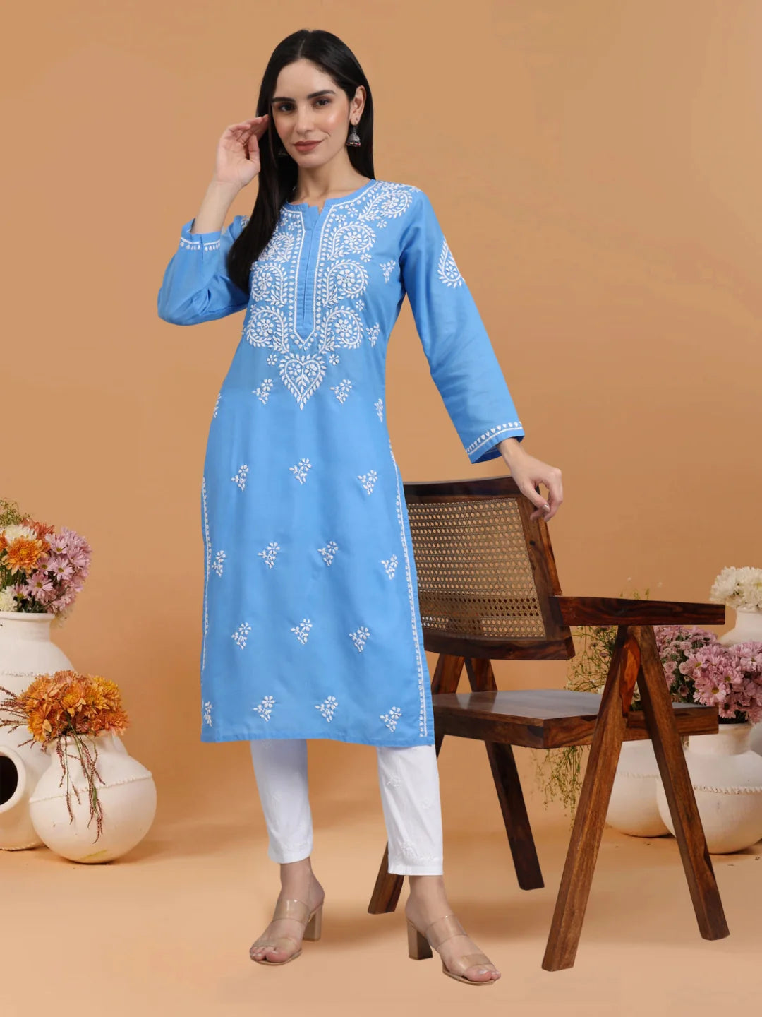 Women Hand Embroidered Lucknowi Chikankari Cotton Ethnic Motifs Kurta PC3997 Lightskyblue