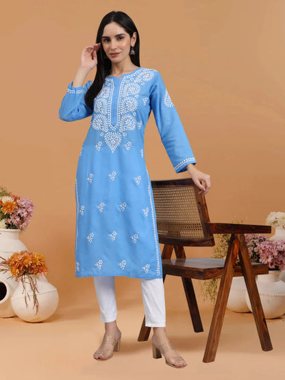 Women Hand Embroidered Lucknowi Chikankari Cotton Ethnic Motifs Kurta PC3997 Lightskyblue