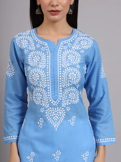 Women Hand Embroidered Lucknowi Chikankari Cotton Ethnic Motifs Kurta PC3997 Lightskyblue