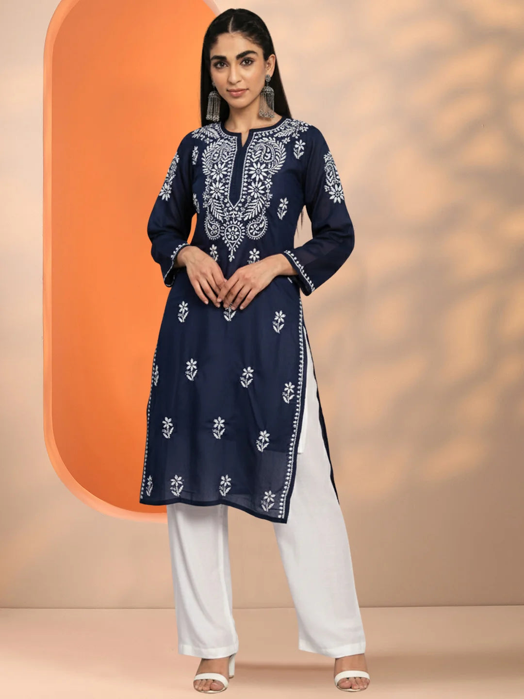 Hand Embroidered Chikankari Cotton Straight Kurta-Pc3561 Bottlegreen
