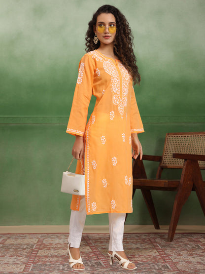 Hand Embroidered Chikankari Cotton Straight Kurta-Pc3561 Darkgoldenrod
