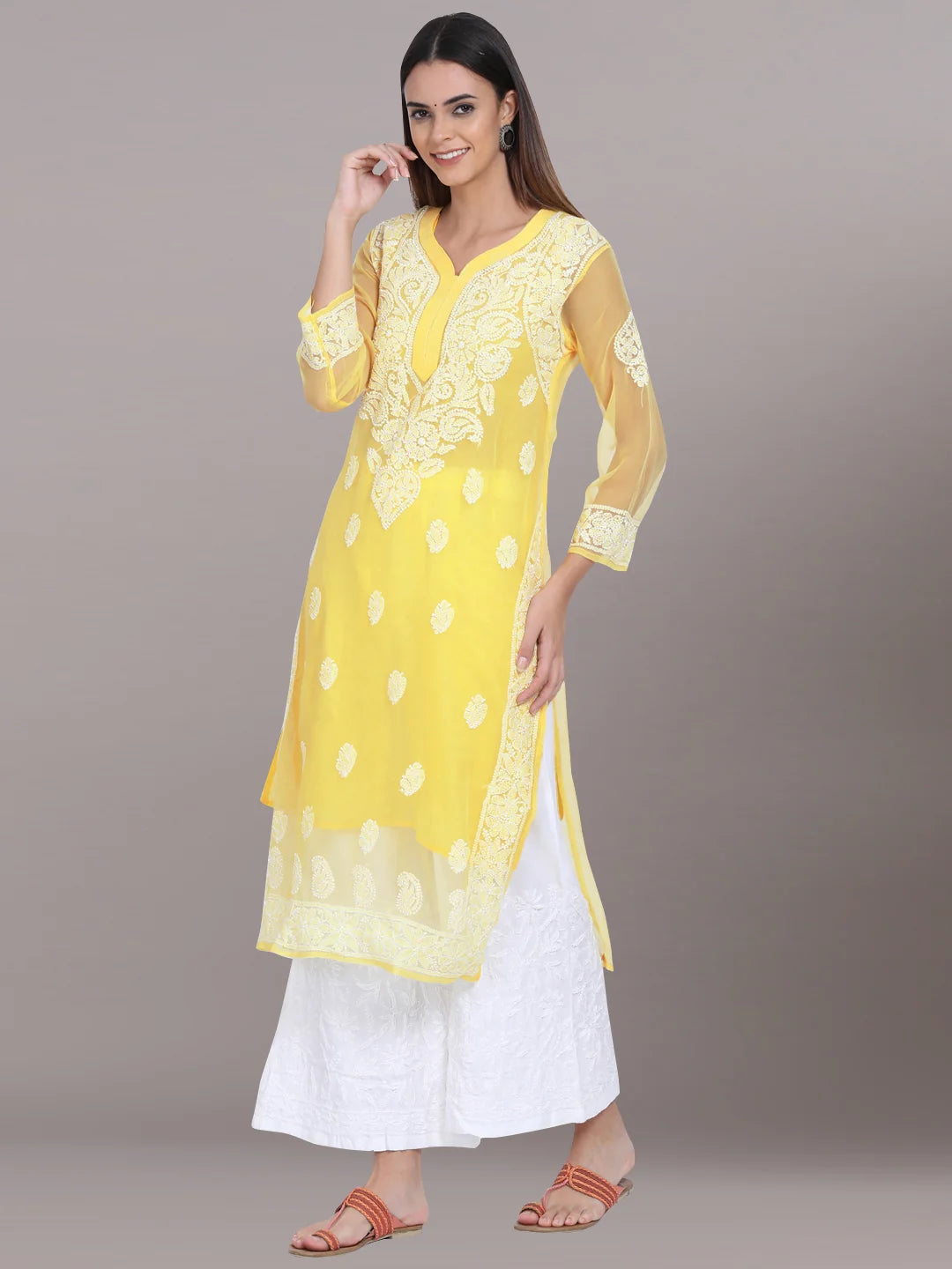 Hand Embroidered Steelgrey Chikankari Georgette Straight Kurta with Slip- PC3392 Lemonchiffon