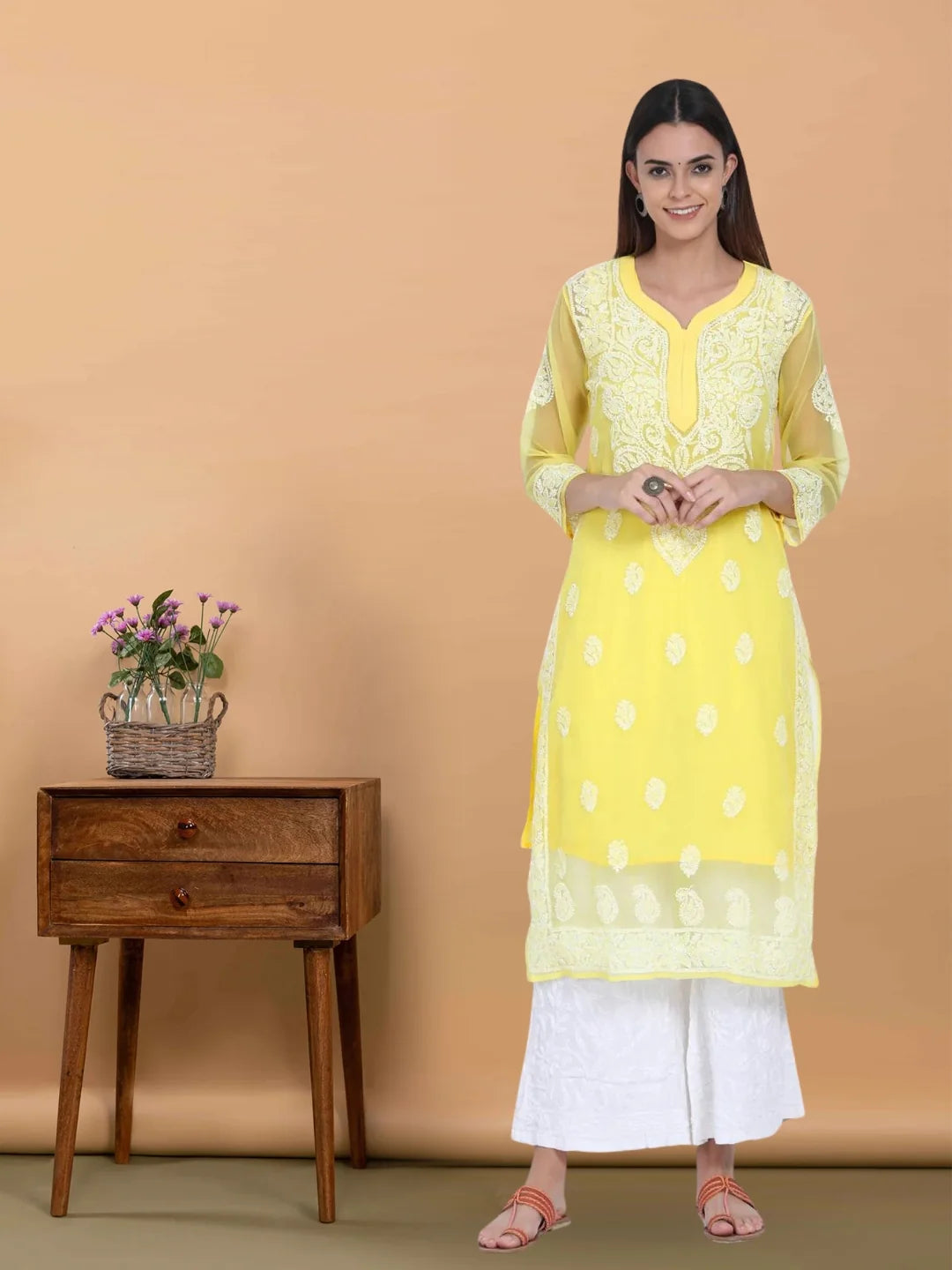 Hand Embroidered Steelgrey Chikankari Georgette Straight Kurta with Slip- PC3392 Lemonchiffon
