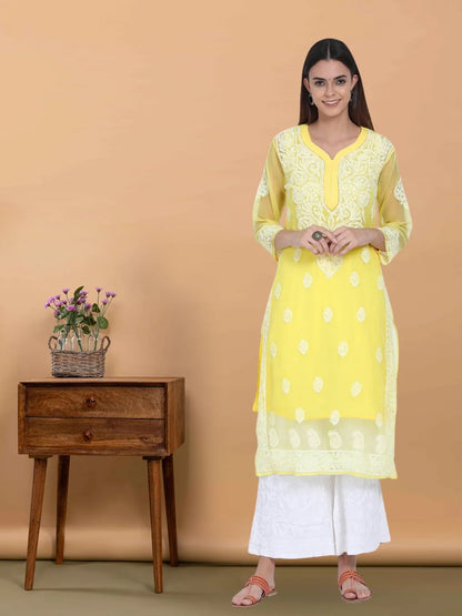 Hand Embroidered Steelgrey Chikankari Georgette Straight Kurta with Slip- PC3392 Lemonchiffon
