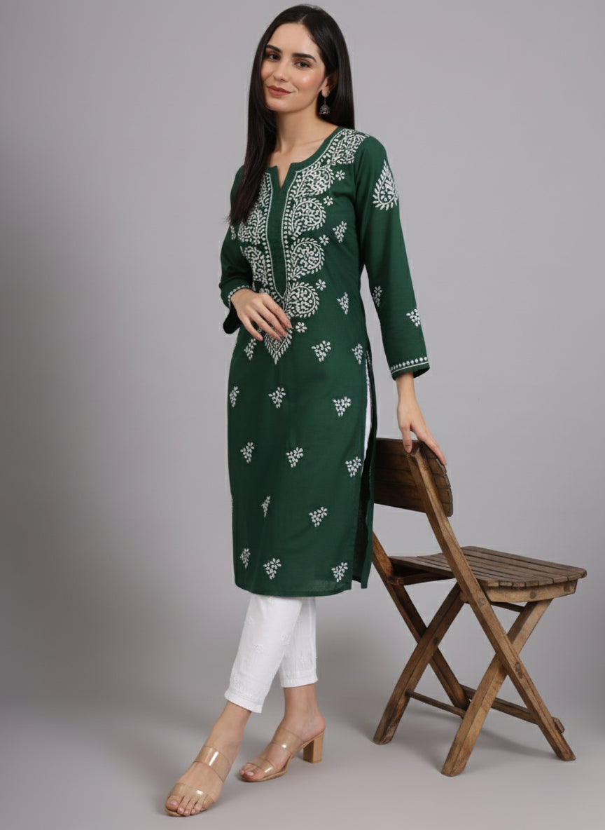 Women Hand Embroidered Lucknowi Chikankari Cotton Ethnic Motifs Kurta PC3997 Navy