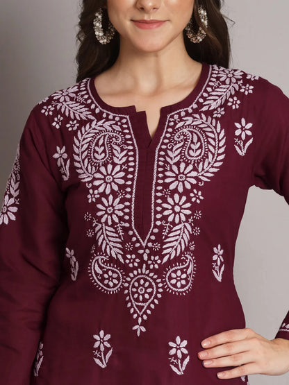 Hand Embroidered Chikankari Cotton Straight Kurta-Pc3561 Maroon