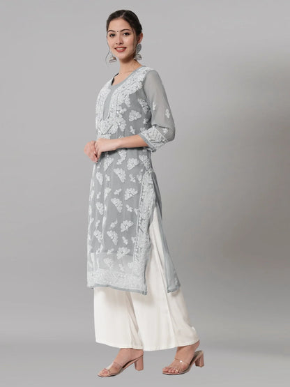 Women Hand Embroidered Chikankari Georgette Straight Kurta with Matching Slip- PC3545 Lightgrey