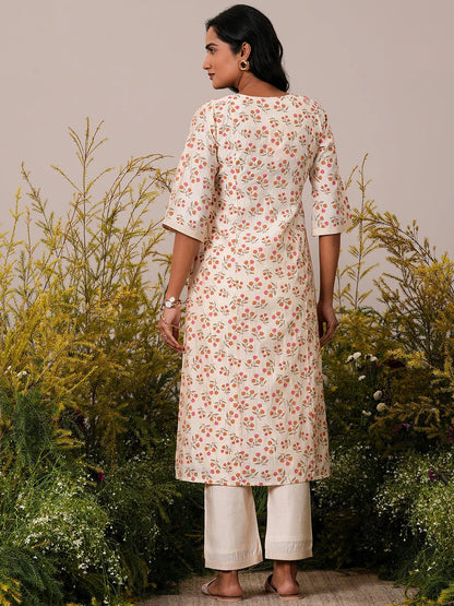 Gerua Beige Printed Chanderi Silk A-Line Kurta with Palazzos