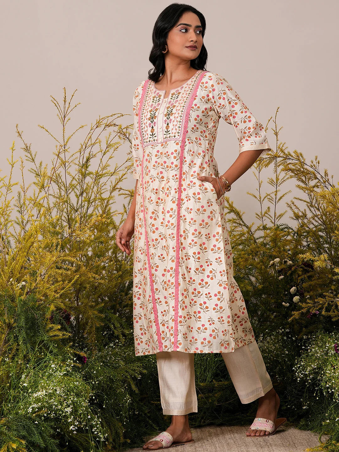 Gerua Beige Printed Chanderi Silk A-Line Kurta with Palazzos