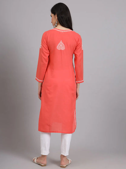 Women Hand Embroidered Lucknowi Chikankari Cotton Ethnic Motifs Kurta PC3997 Coral