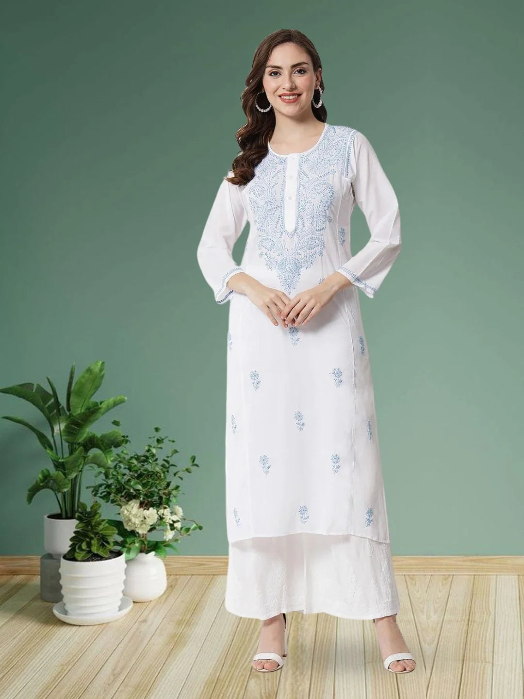 Hand Embroidered White Chikankari Cotton Straight Kurta-Pc3469 Skyblue