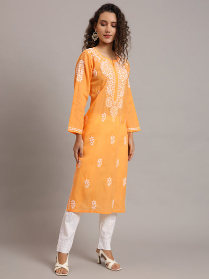 Hand Embroidered Chikankari Cotton Straight Kurta-Pc3561 Darkgoldenrod