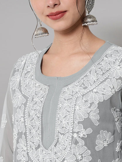 Women Hand Embroidered Chikankari Georgette Straight Kurta with Matching Slip- PC3545 Lightgrey