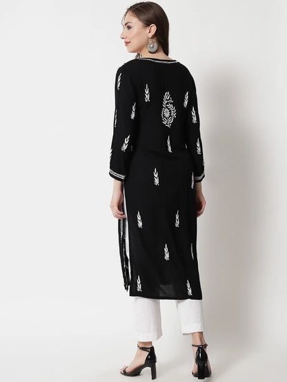 Hand Embroidered White Chikankari Rayon Straight Kurta-Pc3451 Black