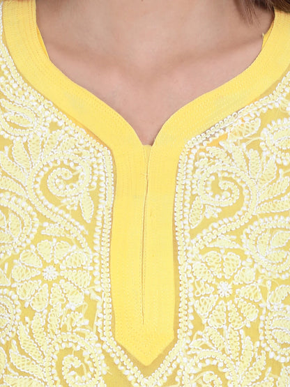 Hand Embroidered Steelgrey Chikankari Georgette Straight Kurta with Slip- PC3392 Lemonchiffon