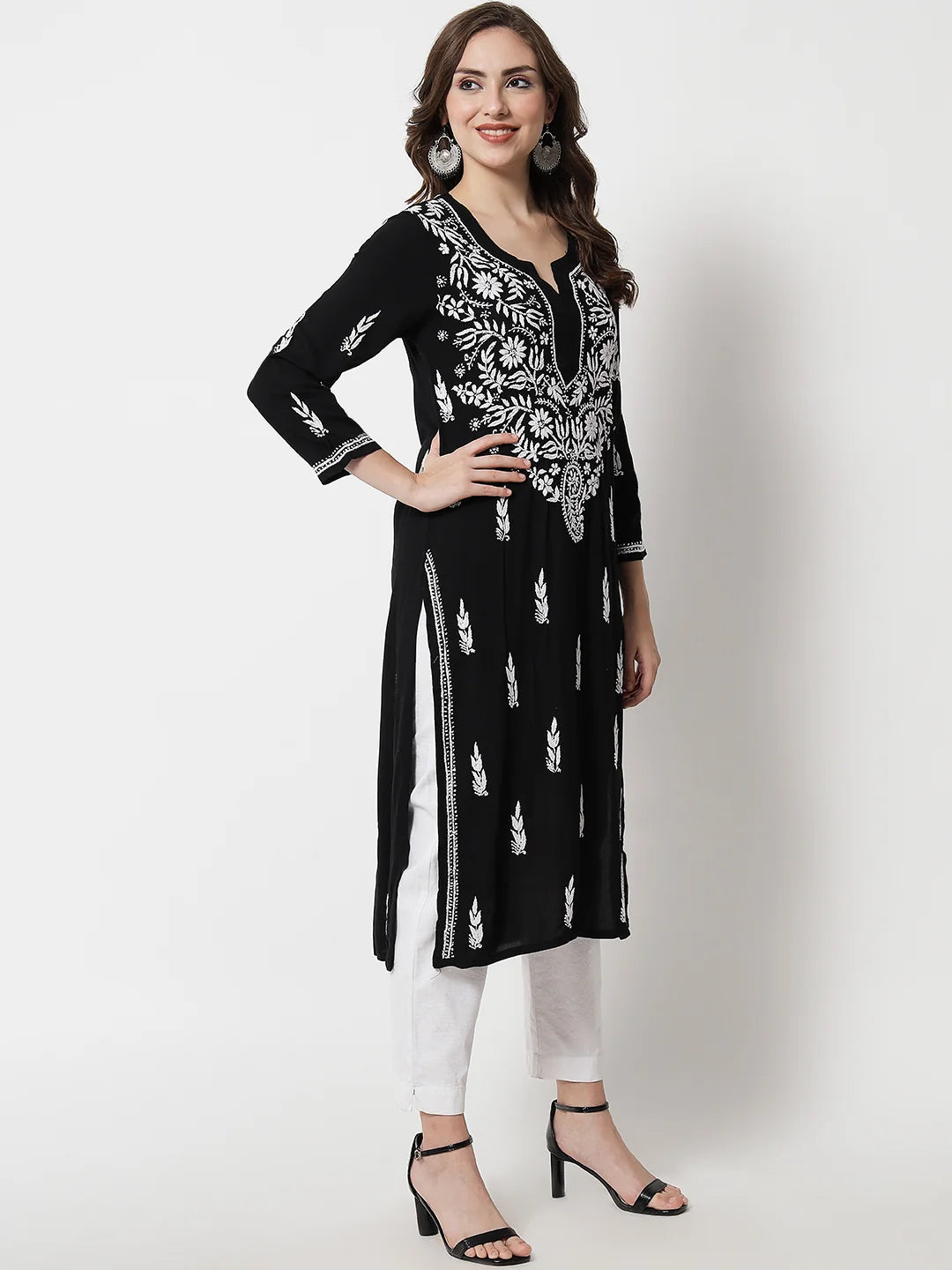 Hand Embroidered White Chikankari Rayon Straight Kurta-Pc3451 Black
