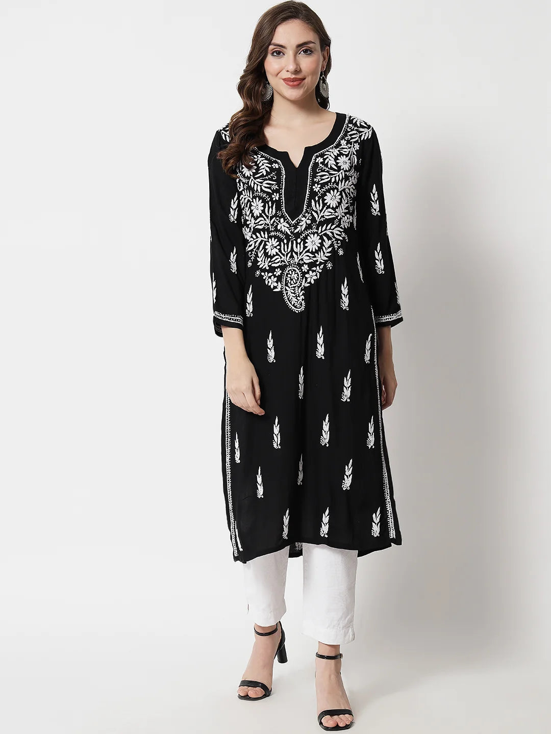 Hand Embroidered White Chikankari Rayon Straight Kurta-Pc3451 Black