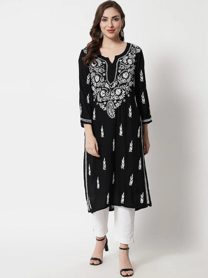 Hand Embroidered White Chikankari Rayon Straight Kurta-Pc3451 Black