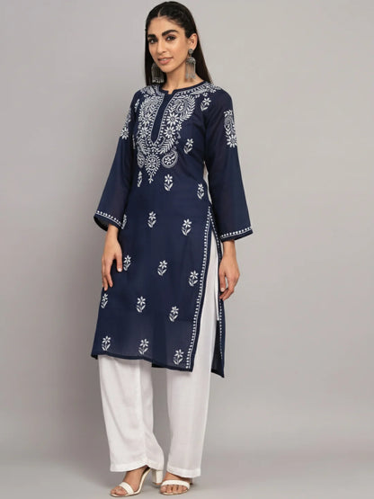 Hand Embroidered Chikankari Cotton Straight Kurta-Pc3561 Navy