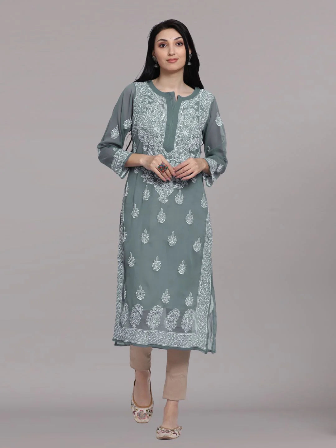 Hand Embroidered Steelgrey Chikankari Georgette Straight Kurta with Slip- PC3392 Dimgrey