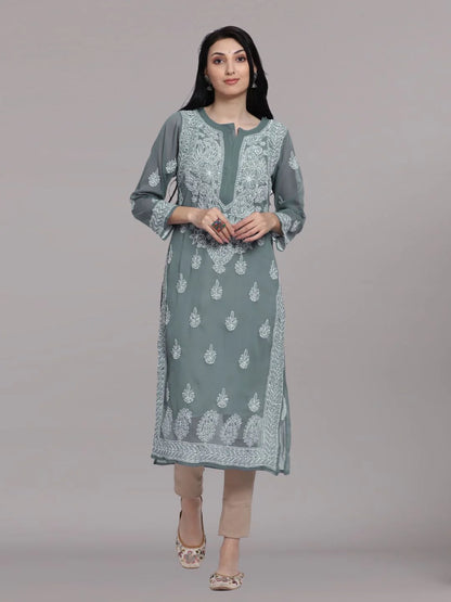 Hand Embroidered Steelgrey Chikankari Georgette Straight Kurta with Slip- PC3392 Dimgrey