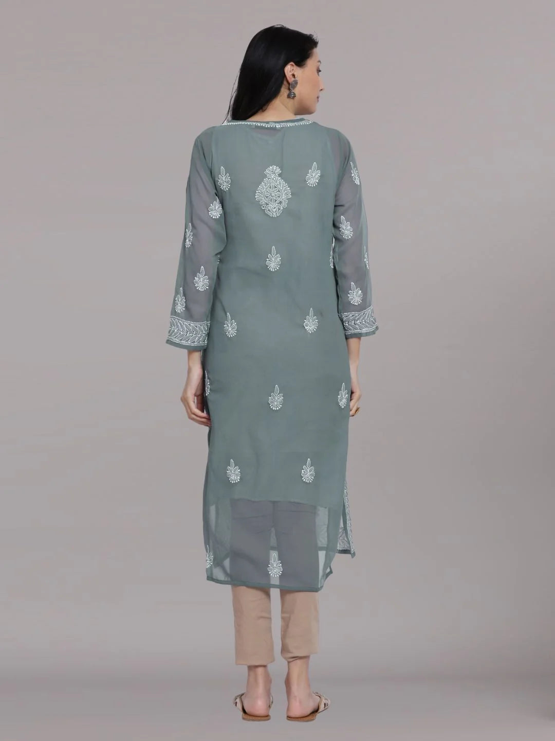 Hand Embroidered Steelgrey Chikankari Georgette Straight Kurta with Slip- PC3392 Dimgrey