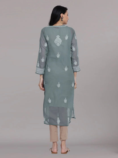 Hand Embroidered Steelgrey Chikankari Georgette Straight Kurta with Slip- PC3392 Dimgrey