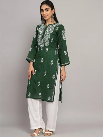 Hand Embroidered Chikankari Cotton Straight Kurta-Pc3561 Bottlegreen
