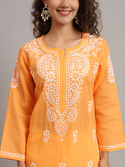 Hand Embroidered Chikankari Cotton Straight Kurta-Pc3561 Darkgoldenrod