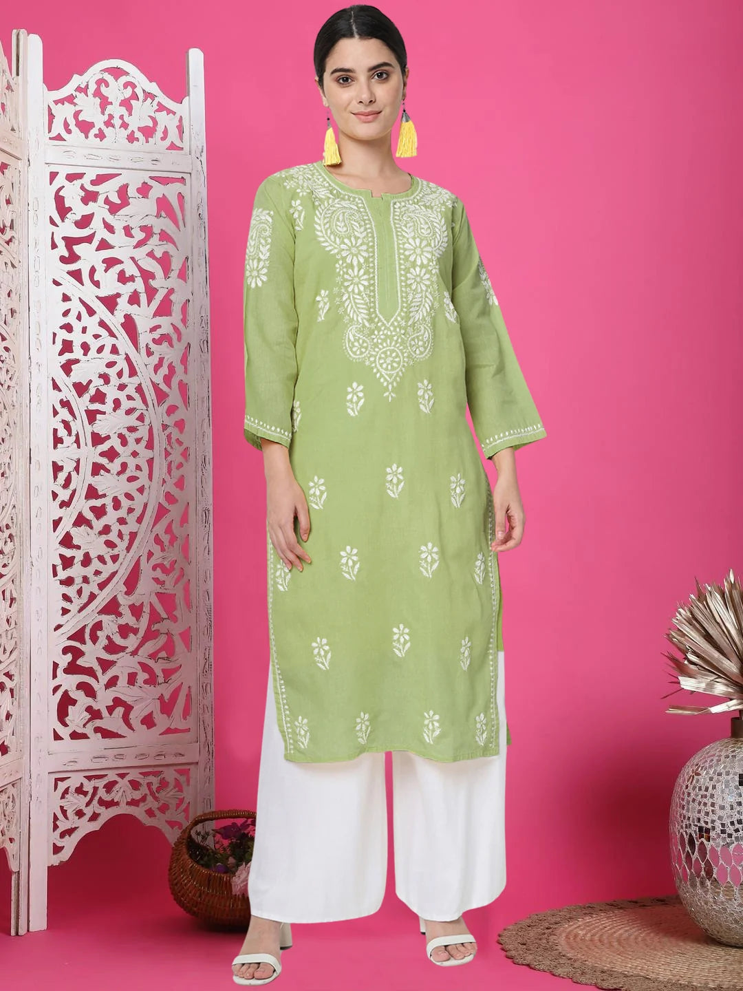 Hand Embroidered Chikankari Cotton Straight Kurta-Pc3561 Olive